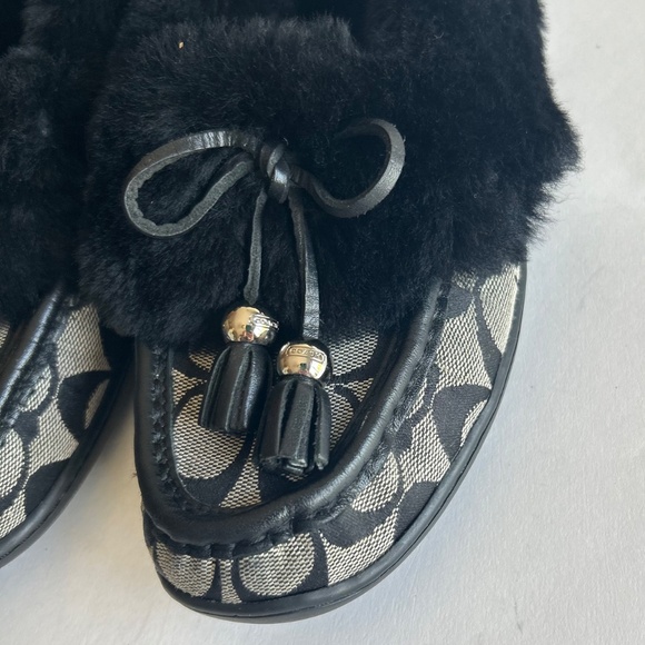 Coach Grey Black Canvas Sheepskin Fur Rubber Outsole Slippers size 7.5 - Picture 6 of 13